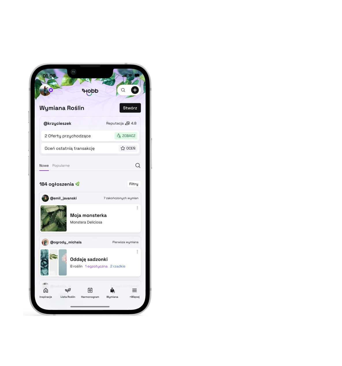Ekran aplikacji HOBB przedstawiający ofertę wymiany roślin.