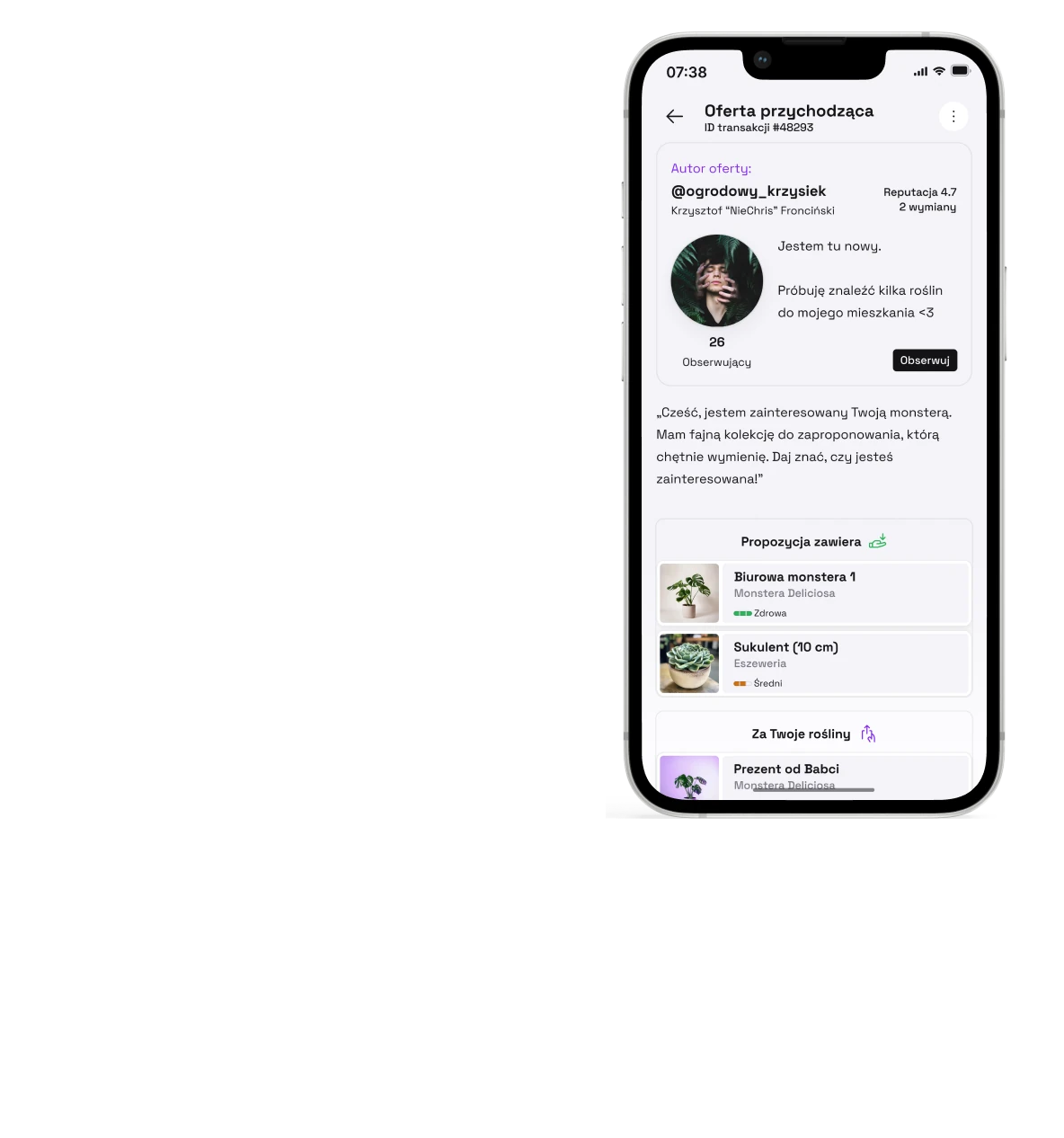 Ekran aplikacji HOBB przedstawiający czat i szczegóły oferty wymiany roślin.