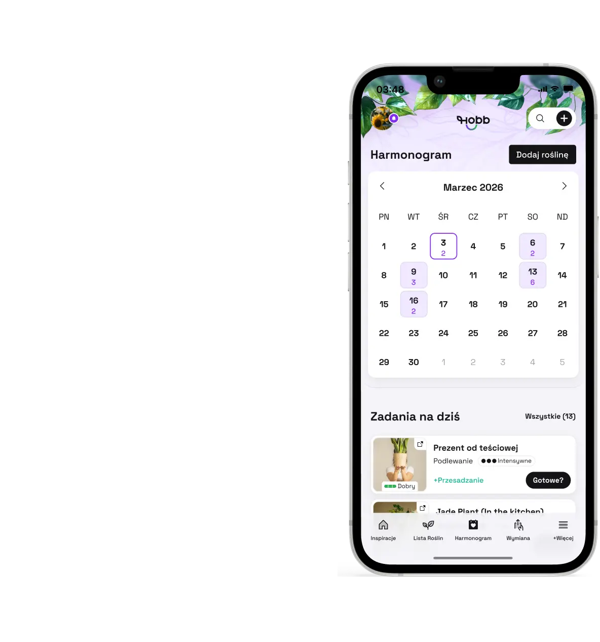 Ekran aplikacji HOBB przedstawiający harmonogram pielęgnacji.