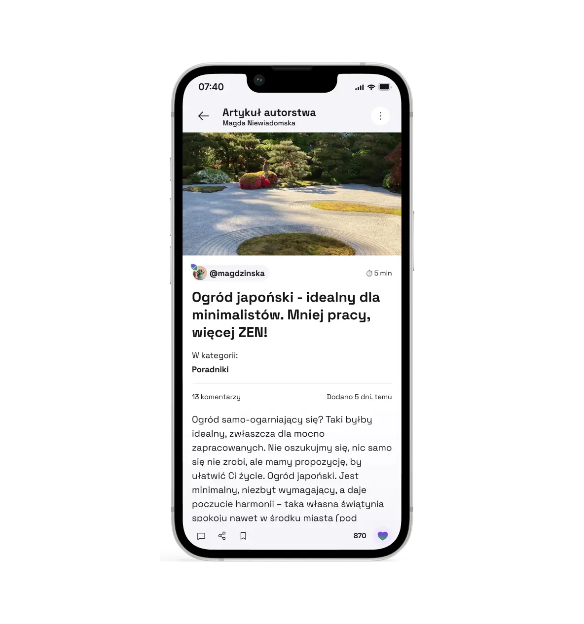 Ekran aplikacji HOBB przedstawiający artykuł społeczności.